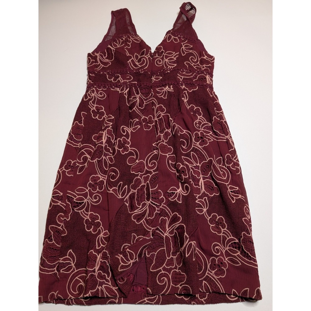 Moulinette Soeurs Anthropologie Burgundy Floral Embroidered Lace Dress 4P Petite